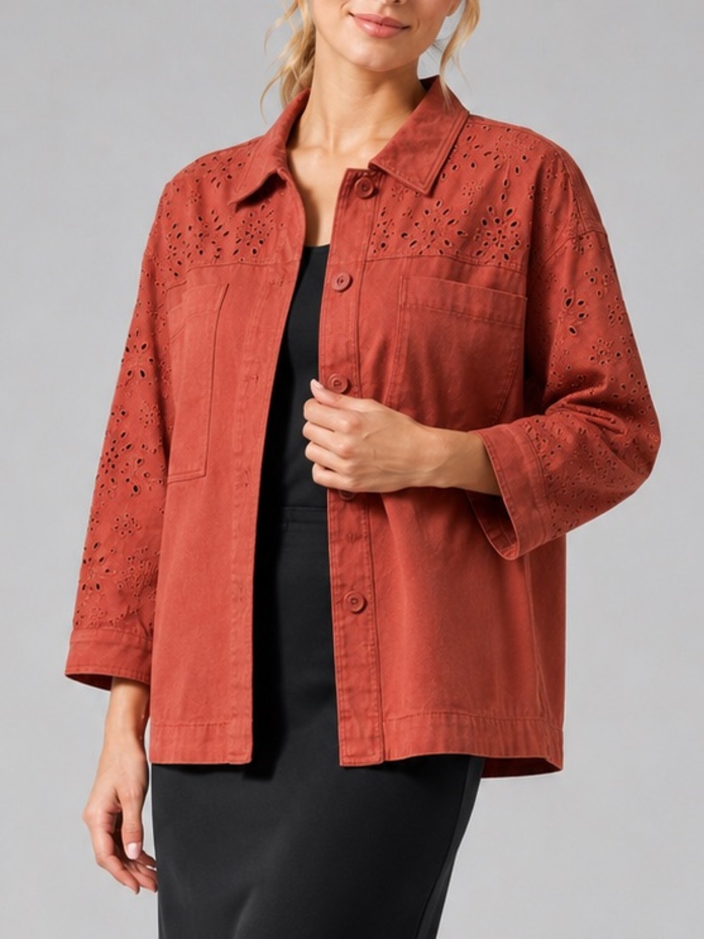 🆕🍑 Solitaire Eyelet/Denim COTTON Shirt Jacket CINNAMON Casual Business Travel